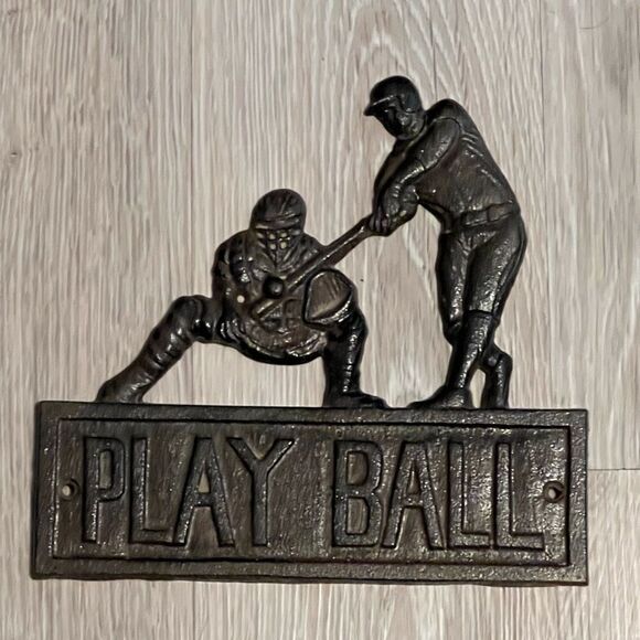Baseball Black/Brown Cast Iron “PLAY BALL” Catcher Hitter 9” Wall Hanging Plaque - Picture 1 of 6